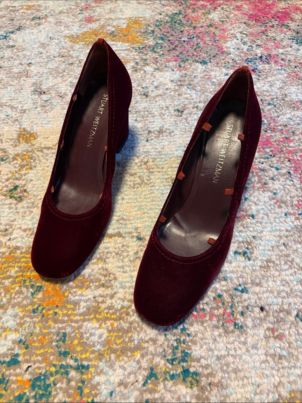 Stuart Weitzman Burgundy Velvet Round-Toe Pumps missing strings
